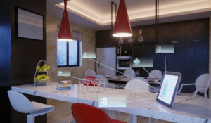 Smart home control with icons in kitchen interior in the evening. ( 3d render )