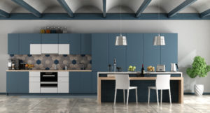 White and blue contemporary kitchen with arched ceiling and cement floor - 3d rendering Note: the room does not exist in reality, Property model is not necessary