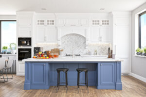 Empty modern luxurious kitchen with smart speaker.