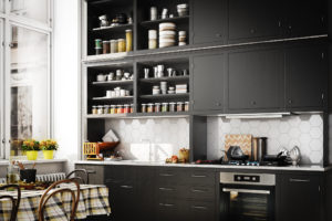 Digitally generated modern Scandinavian domestic kitchen interior scene.  The scene was rendered with photorealistic shaders and lighting in Autodesk® 3ds Max 2019 with V-Ray 3.7 with some post-production added.