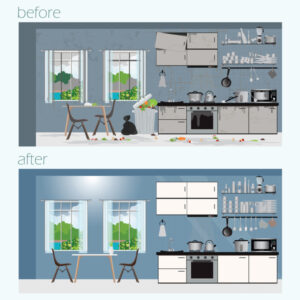 Kitchen sink with dirty dishes.Washing dishes in sink. Dirty dish in kitchen, clean plates and messy dinnerware. Dirt unwashed or clean dish washstand and kitchen dishes, washing home utensil cartoon vector illustration.